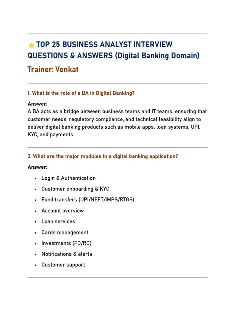 Top 25 Digital Banking BA Interview Q&As | PDF | Banks | Information ...