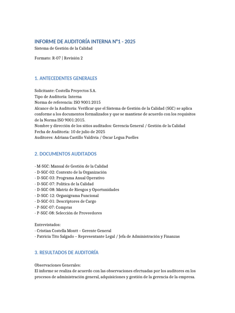 Informe Auditoria Ejemplo | PDF | Sistema de manejo de calidad | Auditoría