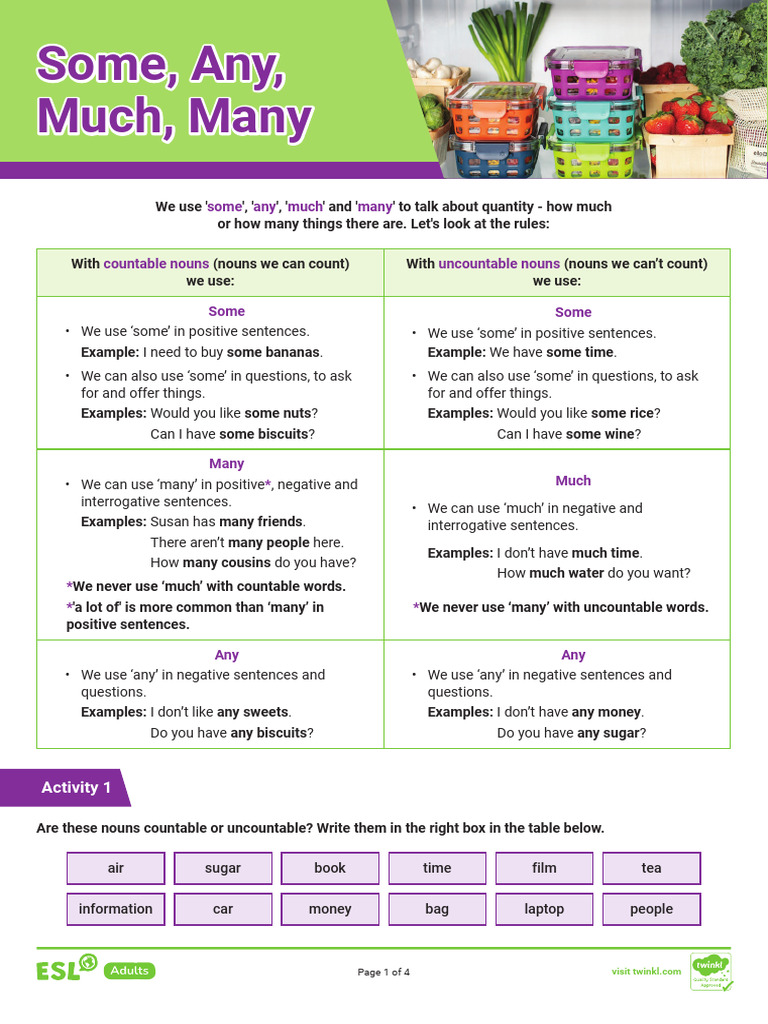 Countable vs Uncountable Nouns Guide | PDF | English As A Second Or ...