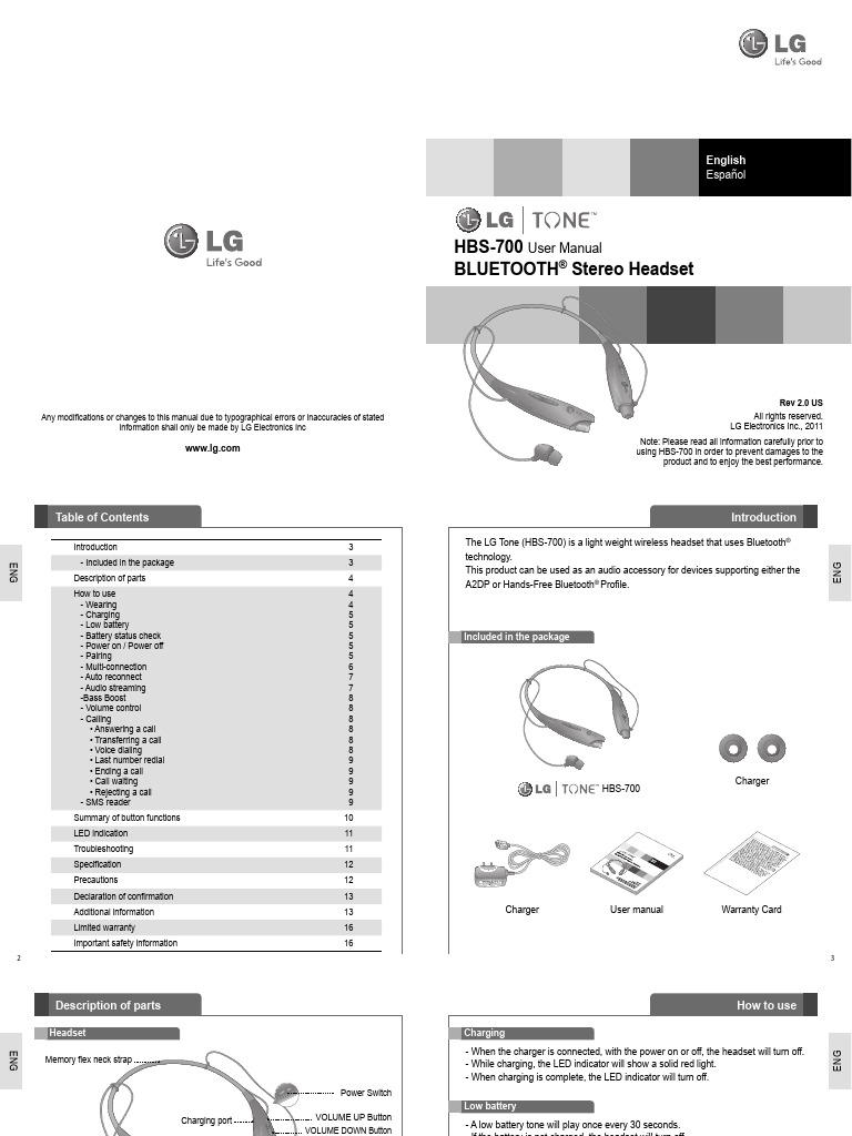 LG HBS-700 Bluetooth Headset Manual | PDF | Bluetooth | Computing