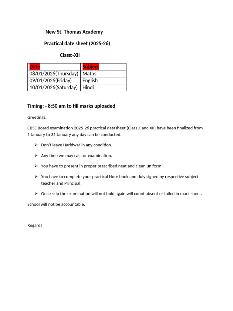 St. Thomas Academy Class XII Practical Dates | PDF