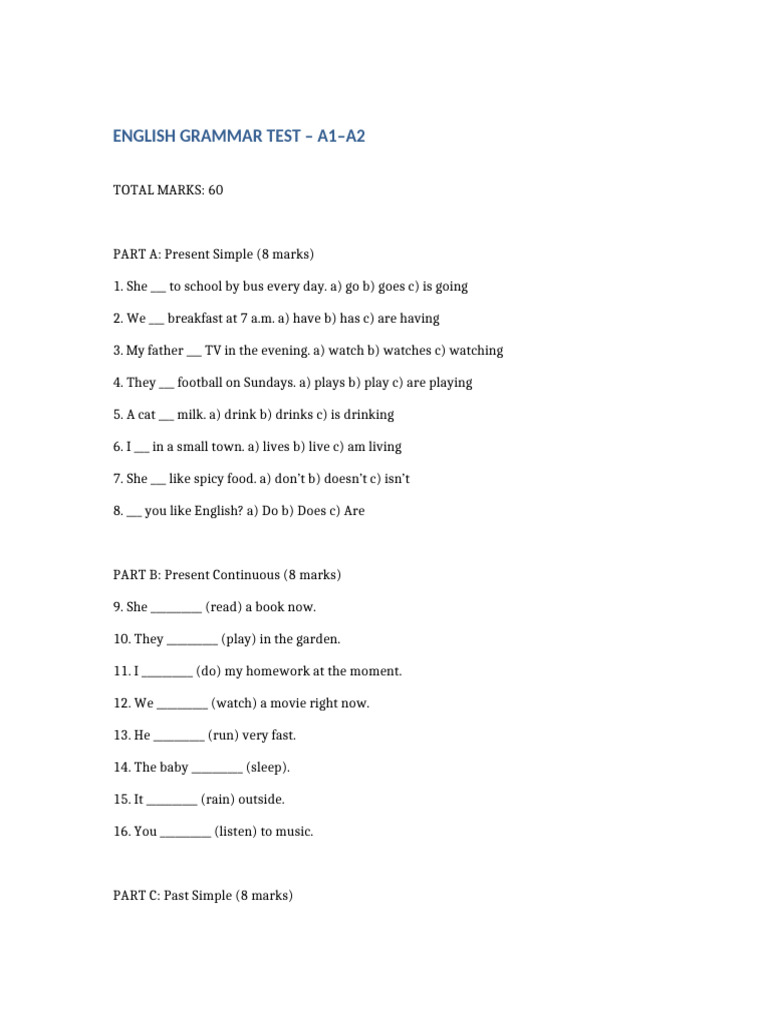 A1-A2 English Grammar Test | PDF | Chess | Chess Theory
