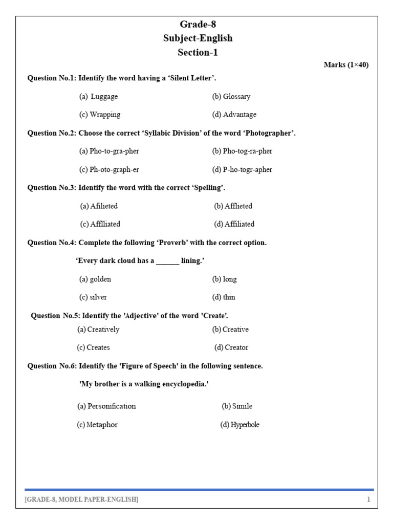 Grade 8 English Model Paper Questions | PDF | Semantics | Language ...