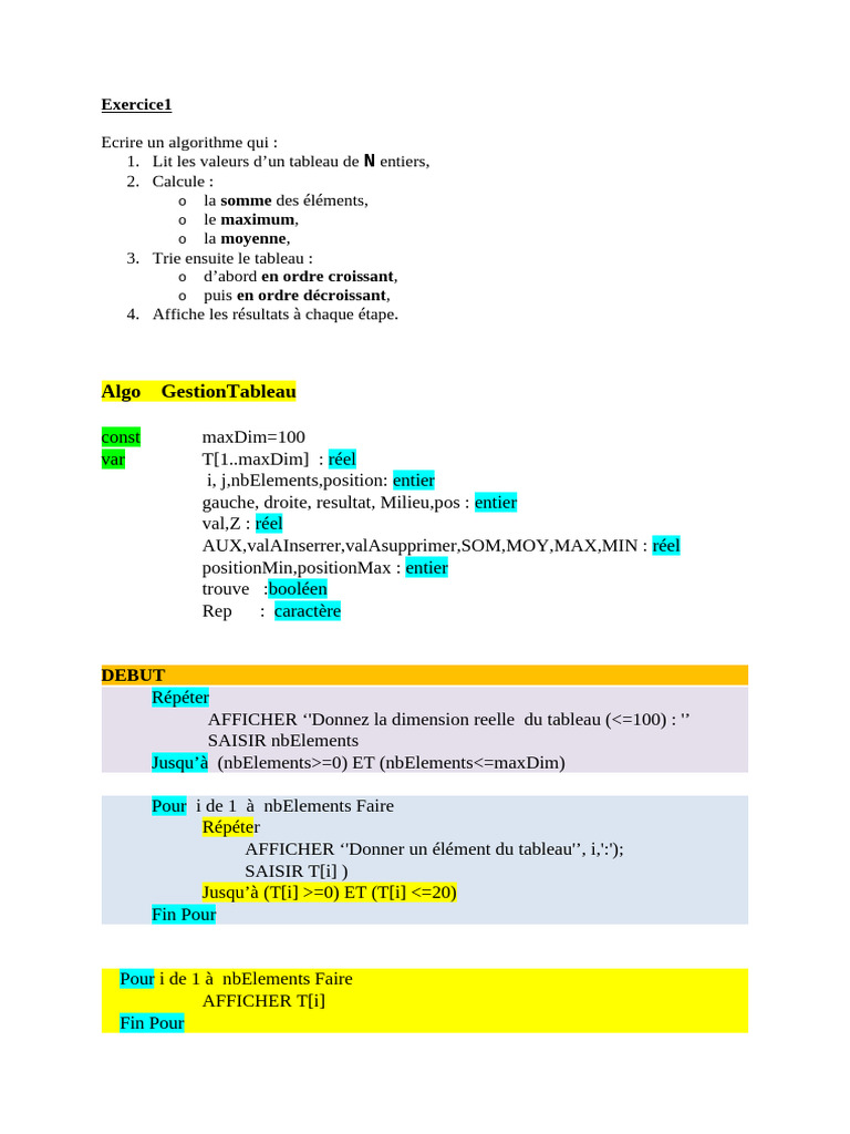 Algorithme de gestion de tableau en Pascal | PDF | Programmation ...
