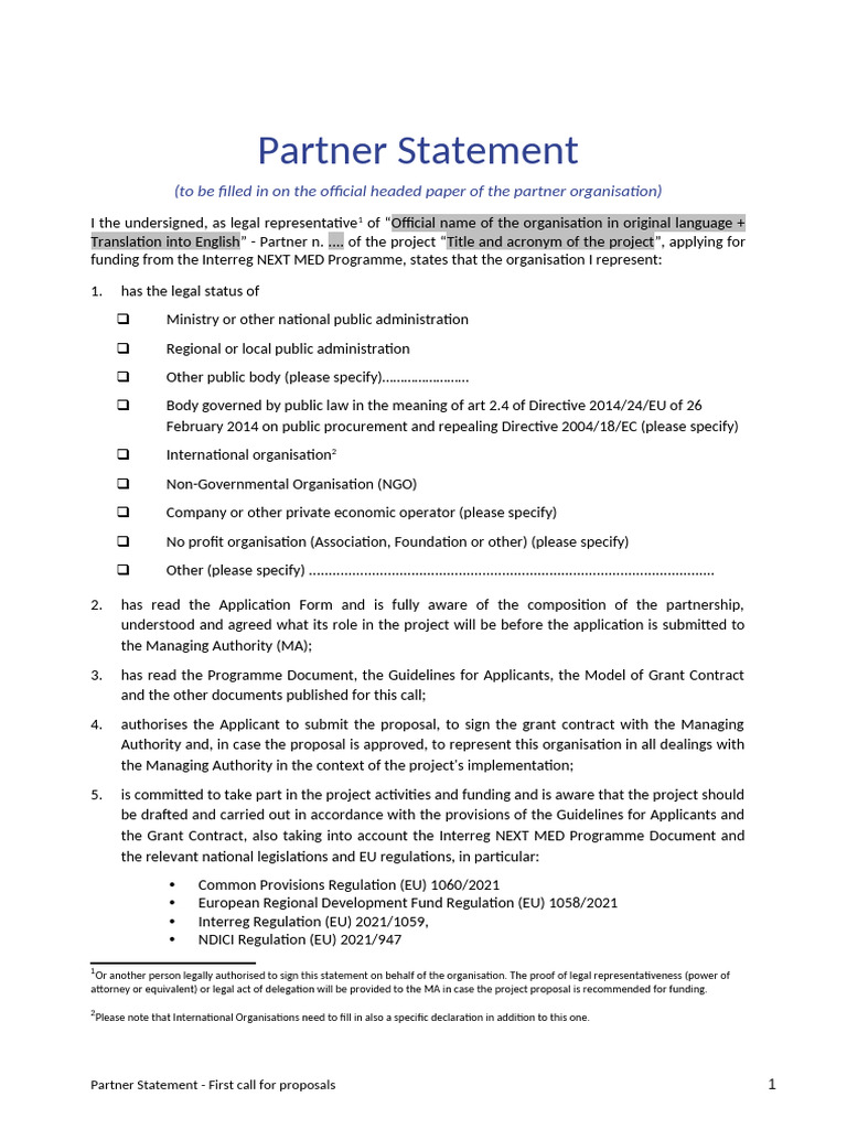 Interreg NEXT MED Partner Statement PDF Regulatory Compliance Audit