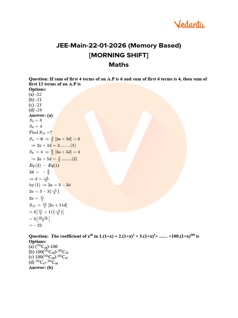 JEE Main 2026 Maths Memory-Based Questions | PDF