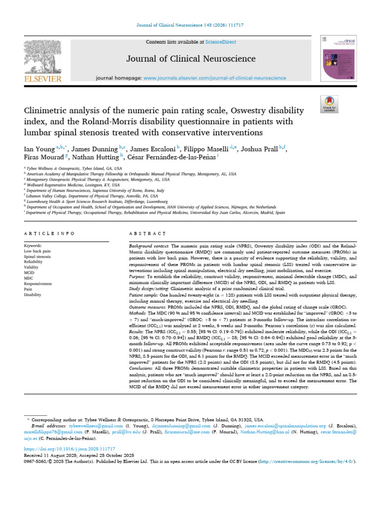 Clinimetric Analysis of Outcome Measures in Lumbar Spinal Stenosis 2025 ...