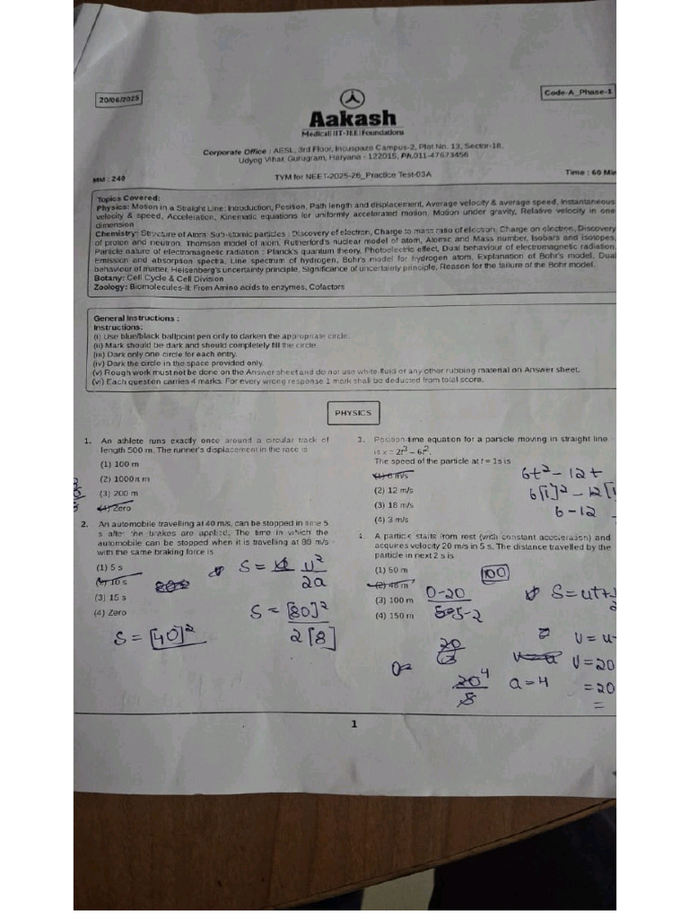 Practise Test 3 Aakash | PDF