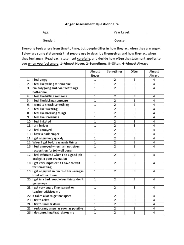 Anger Assessment Questionnaire Anger Free 30 day Trial Scribd