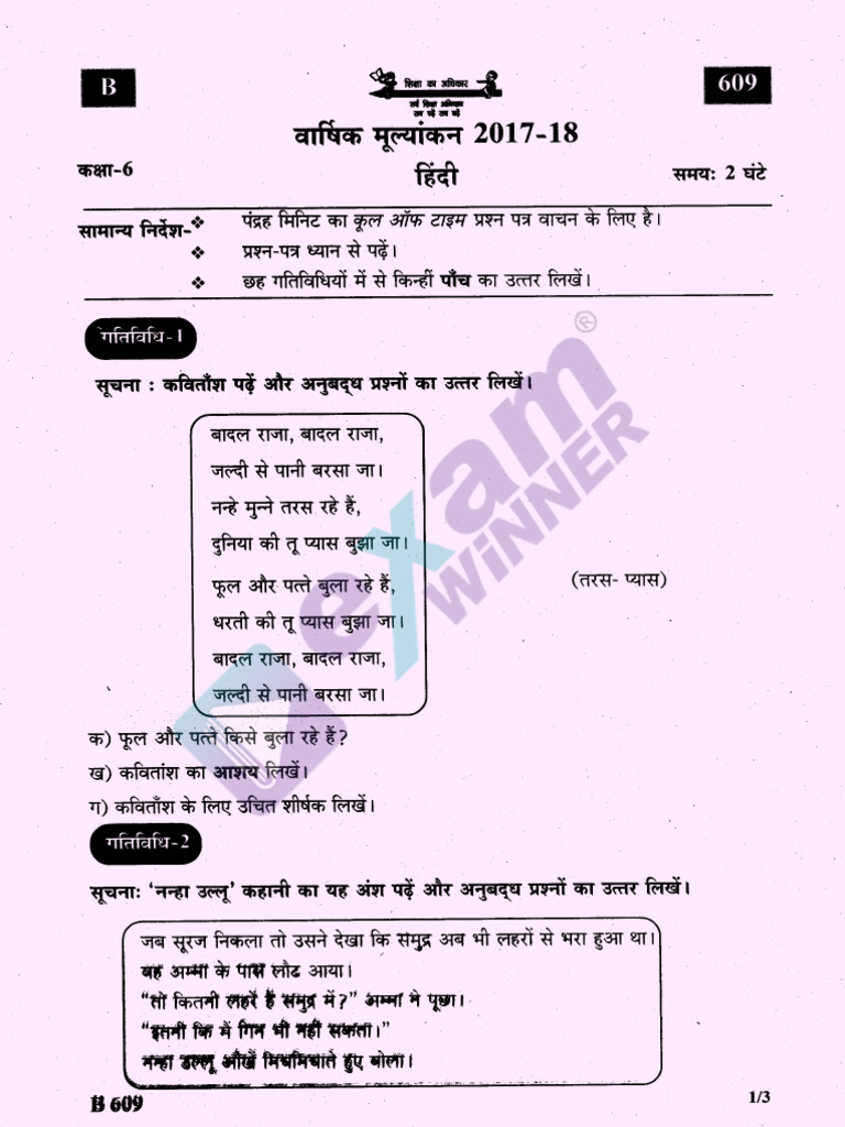 HINDI Kerala Class VI Annual Exam Question Paper March 2018 | PDF