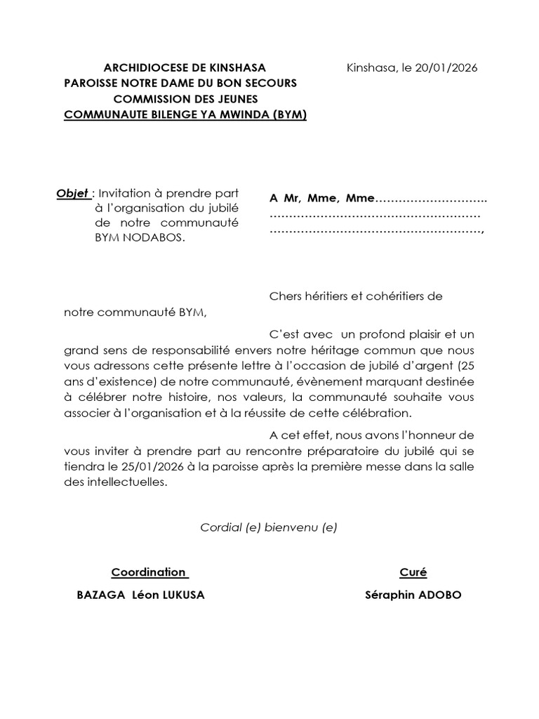 Invitation au jubilé de la communauté BYM | PDF
