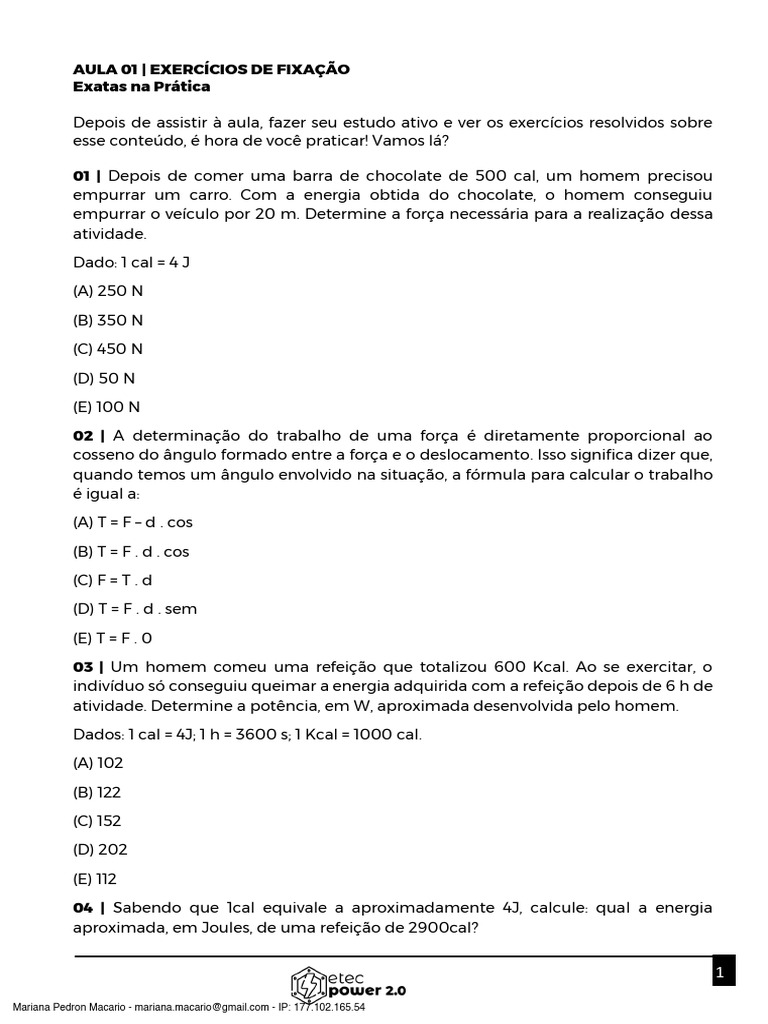 Exercícios de Física: Trabalho e Potência | PDF | Caloria | Potência ...