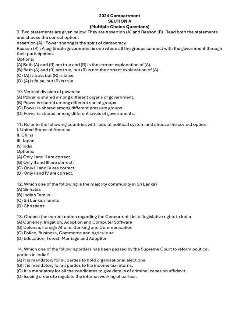 2024 Compartment Exam: Political Science Questions | PDF | Democracy ...