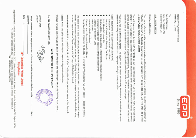 Offer Letter - Lal Bahadur | PDF