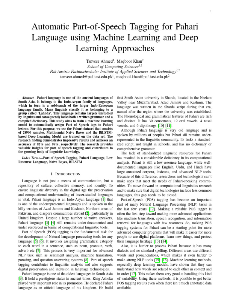 Automatic Part of Speech Tagging for Pahari Language Using Machine ...
