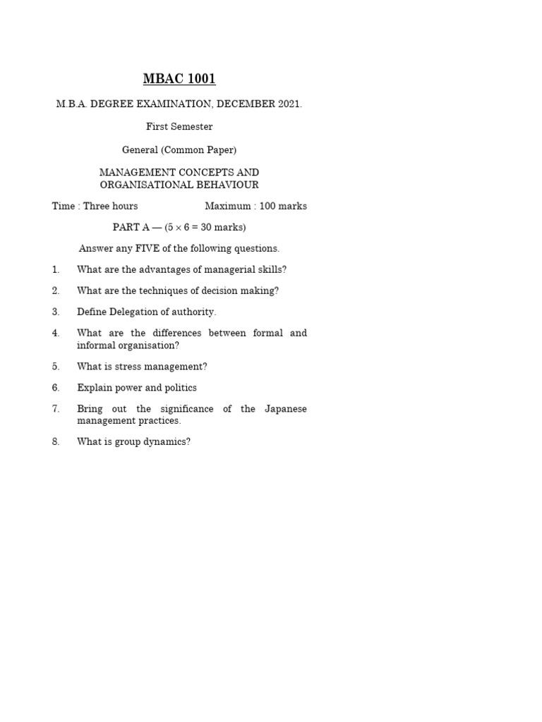 Management Concepts and Organizational Behavior Exam | PDF | Balance ...