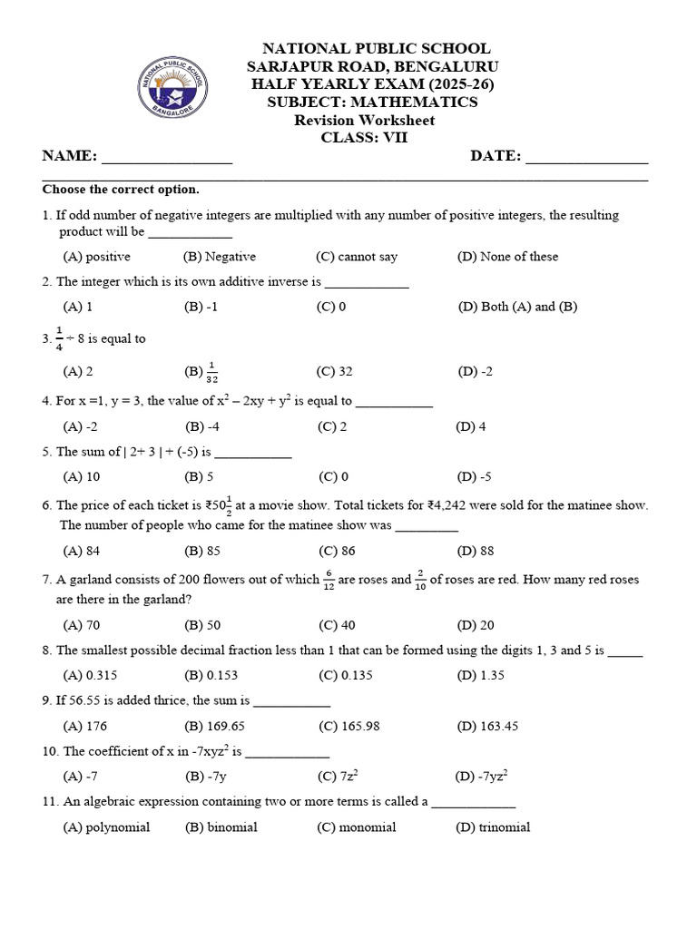 Class VII Mathematics Revision Worksheet | PDF | Polynomial | Arithmetic