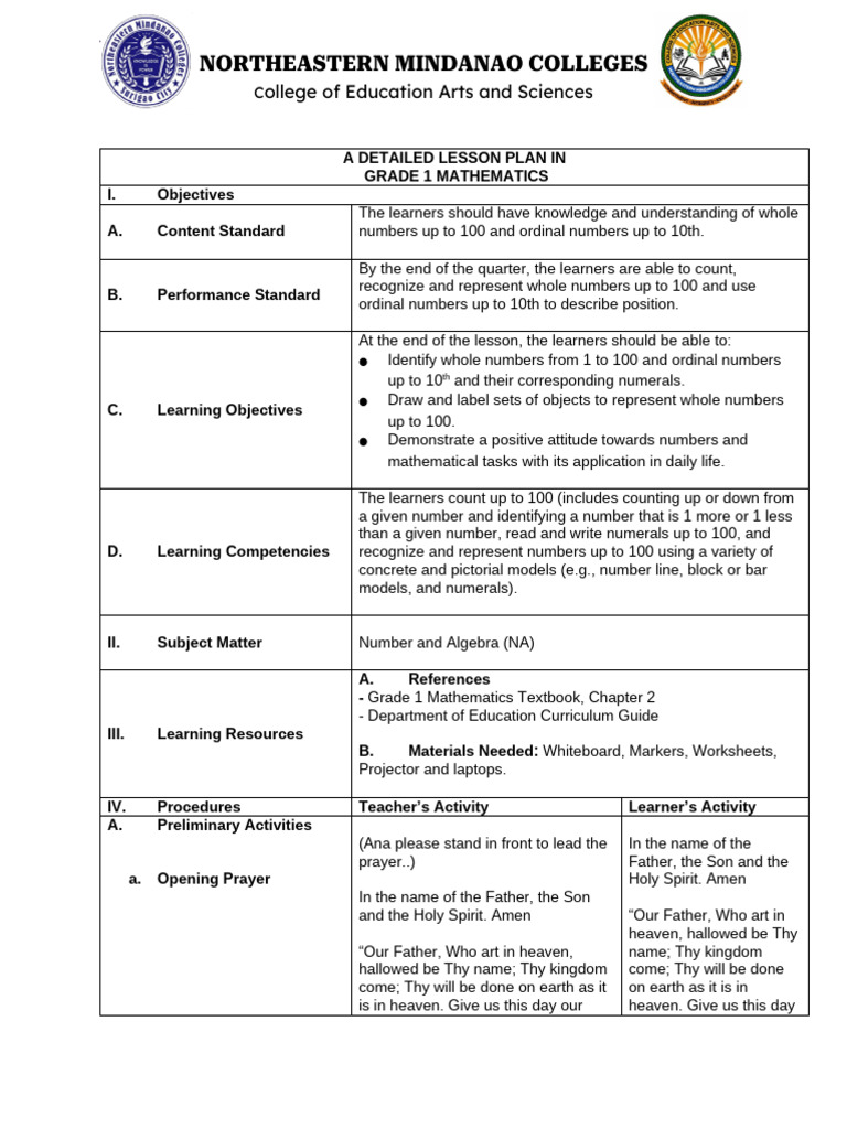 Grade 1 Math Lesson Plan: Numbers 1-100 | PDF | Lord's Prayer | Lesson Plan