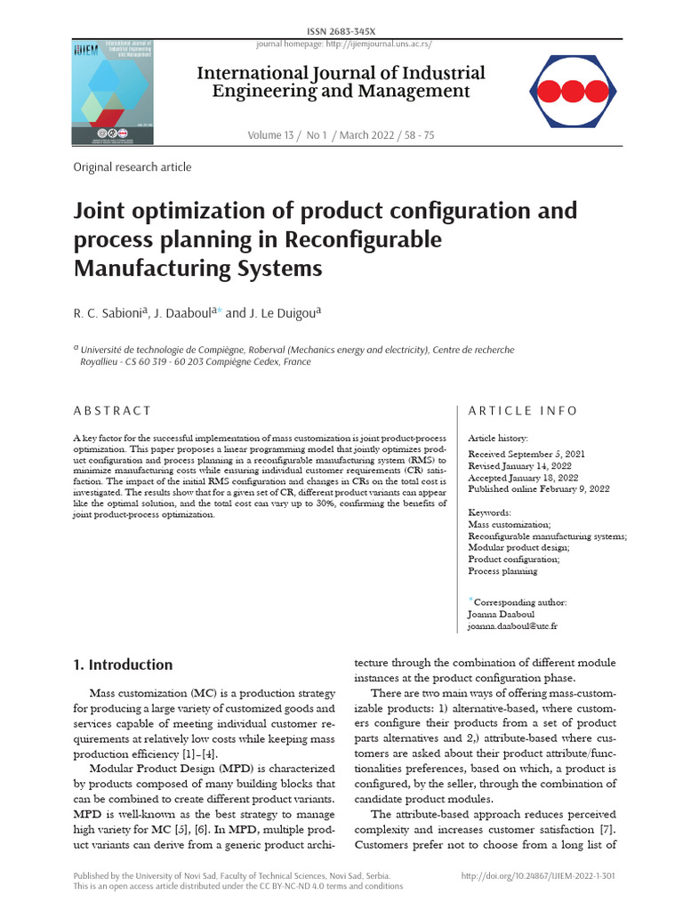 Joint Product-Process Optimization in RMS | PDF | Mathematical ...