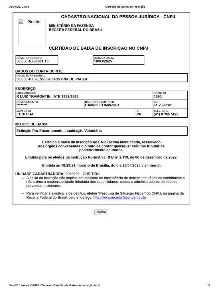 Certidão de Baixa CNPJ - Jessica Paula | PDF | Brasil