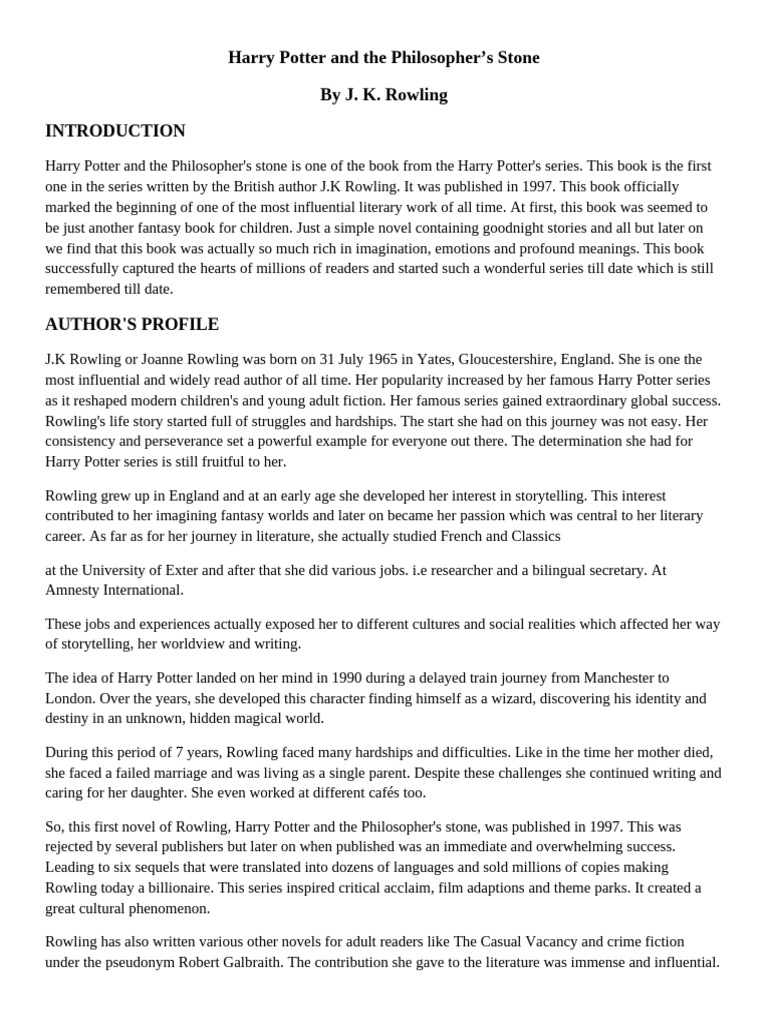 Harry Potter and the Philosopher's Stone Overview | PDF | J. K. Rowling ...