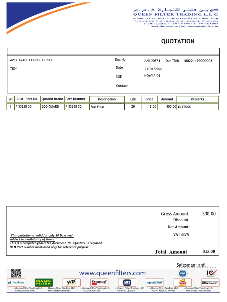 Fuel Filter Quotation - APEX TRADE CONNECT | PDF