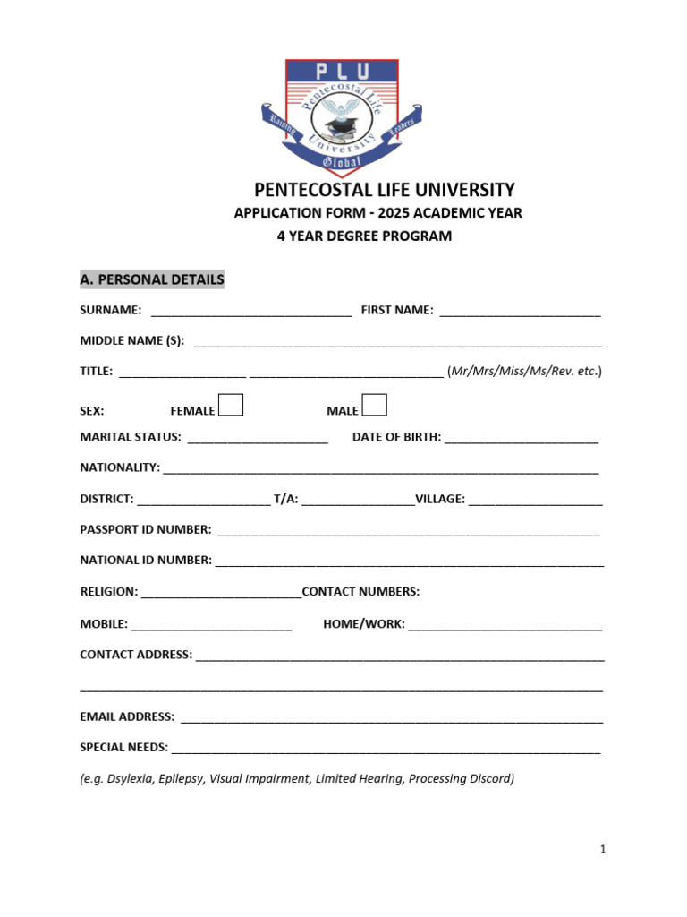 Pentecostal Life University 2025 Application Form | PDF