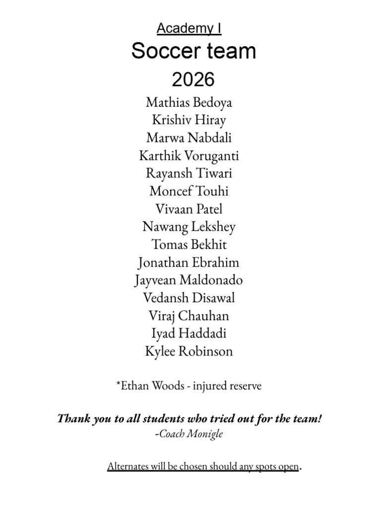 2026 Academy I Soccer Team Roster | PDF