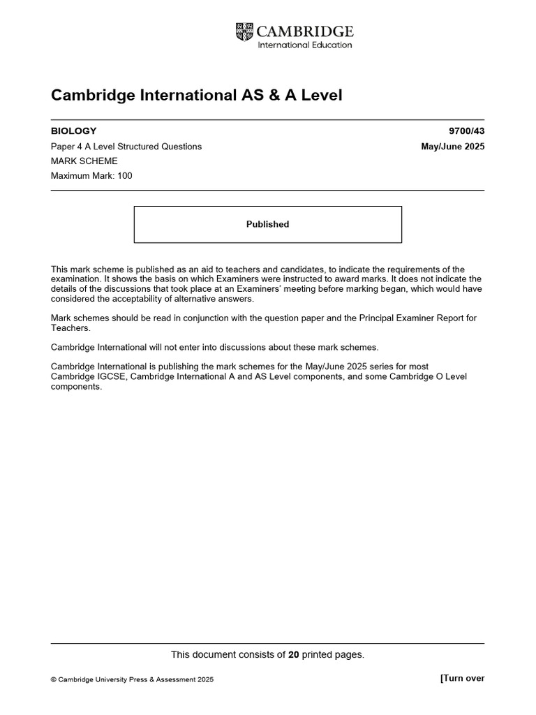 A Level Biology Mark Scheme 2025 | PDF | Intron | Biochemistry