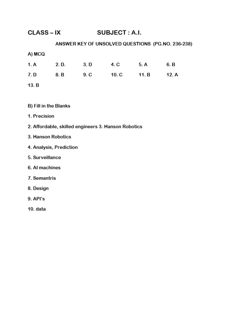 AI Class IX Answer Key (Pg. 236-238) | PDF