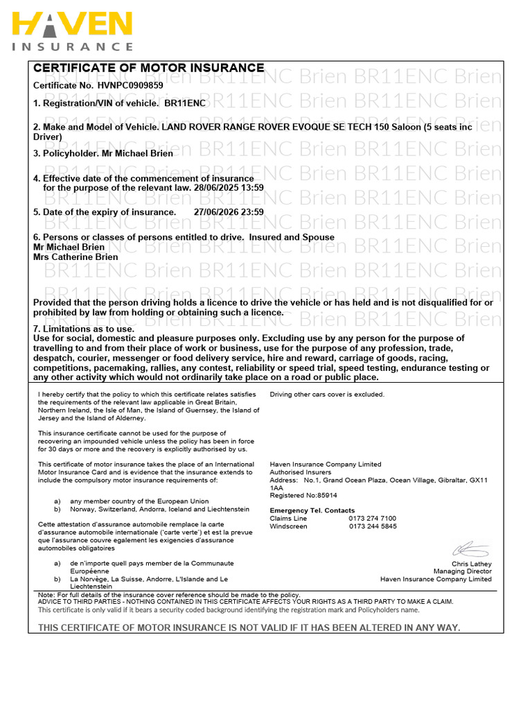 Motor Insurance Certificate for BR11ENC | PDF | Insurance | Vehicle ...