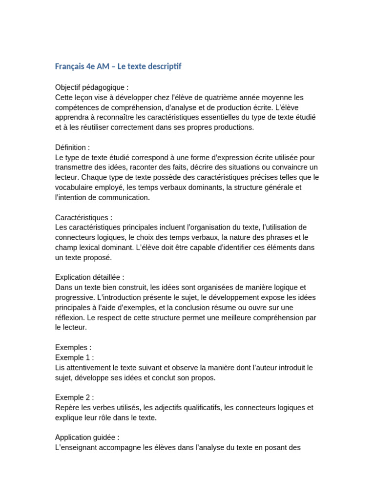 Comprendre le texte descriptif en 4e AM | PDF | Sujet (Grammaire ...