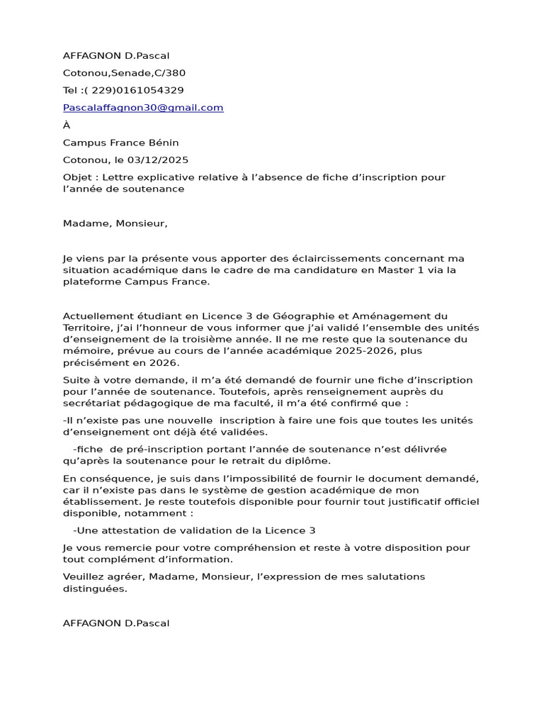Lettre explicative sur l'absence de fiche d'inscription | PDF