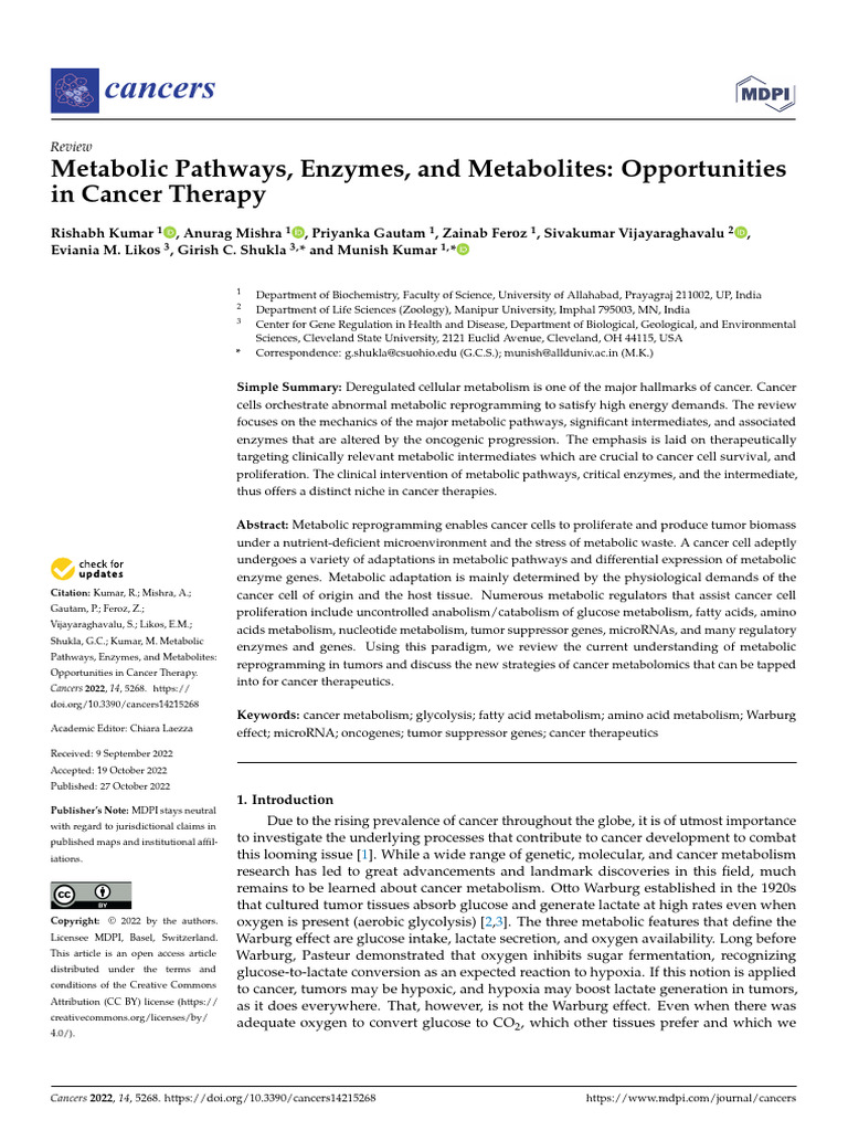 Cancer Metabolism: Pathways and Therapies | PDF | Glycolysis | Metabolism