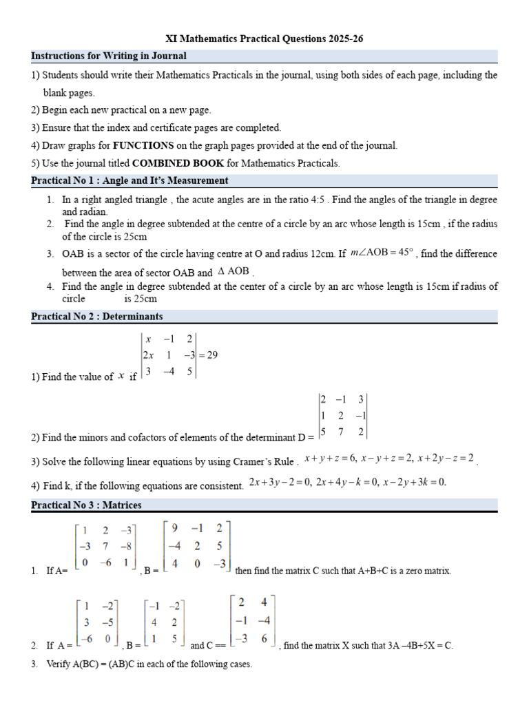 XI Mathematics Practical Guide 2025-26 | PDF | Circle | Angle