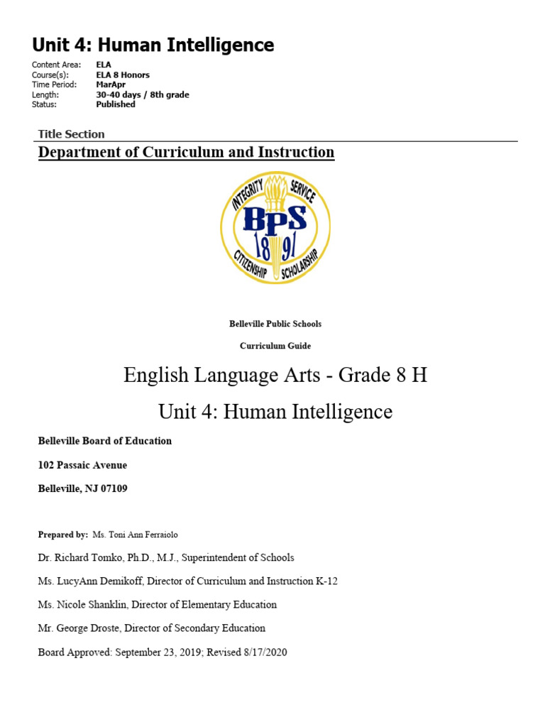 Human Intelligence in 8th Grade ELA | PDF | Reading Comprehension ...
