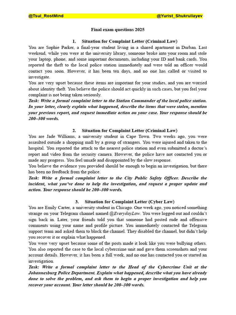 1. Final exam questions letters 2025 | PDF | Business | Landlord