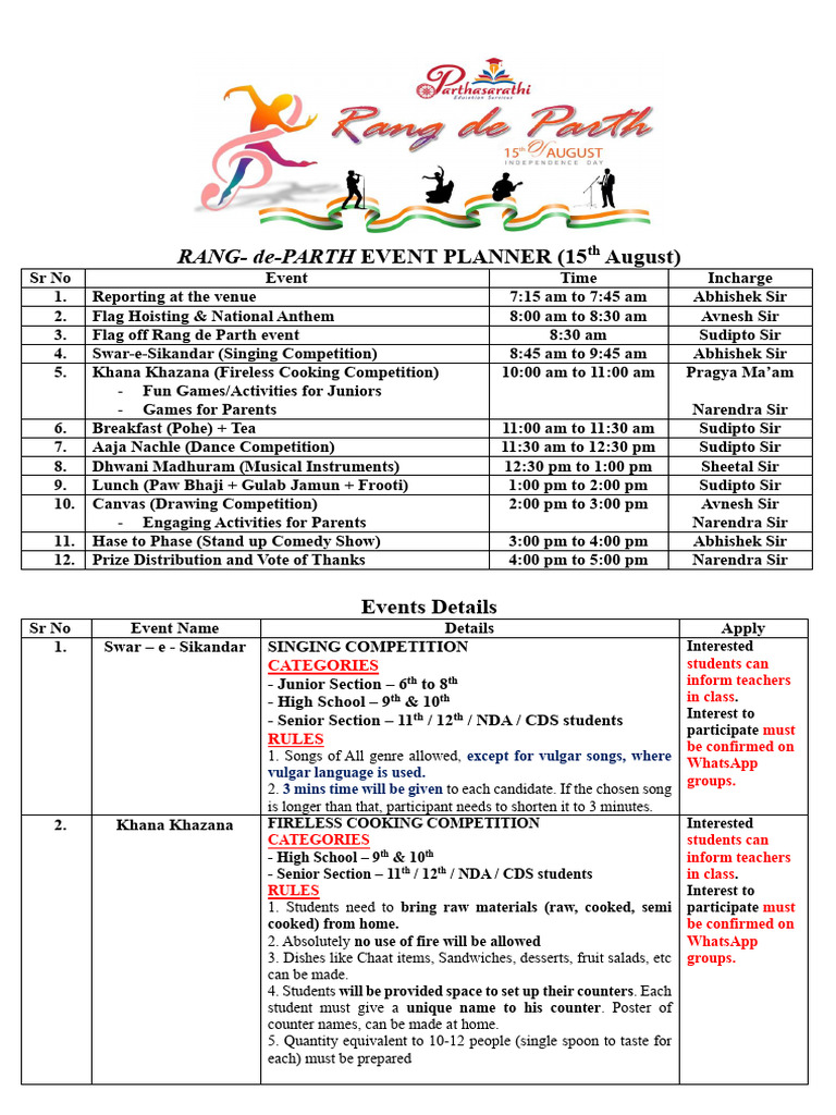 Rang de Parth Event Schedule 2023 | PDF | Cuisine