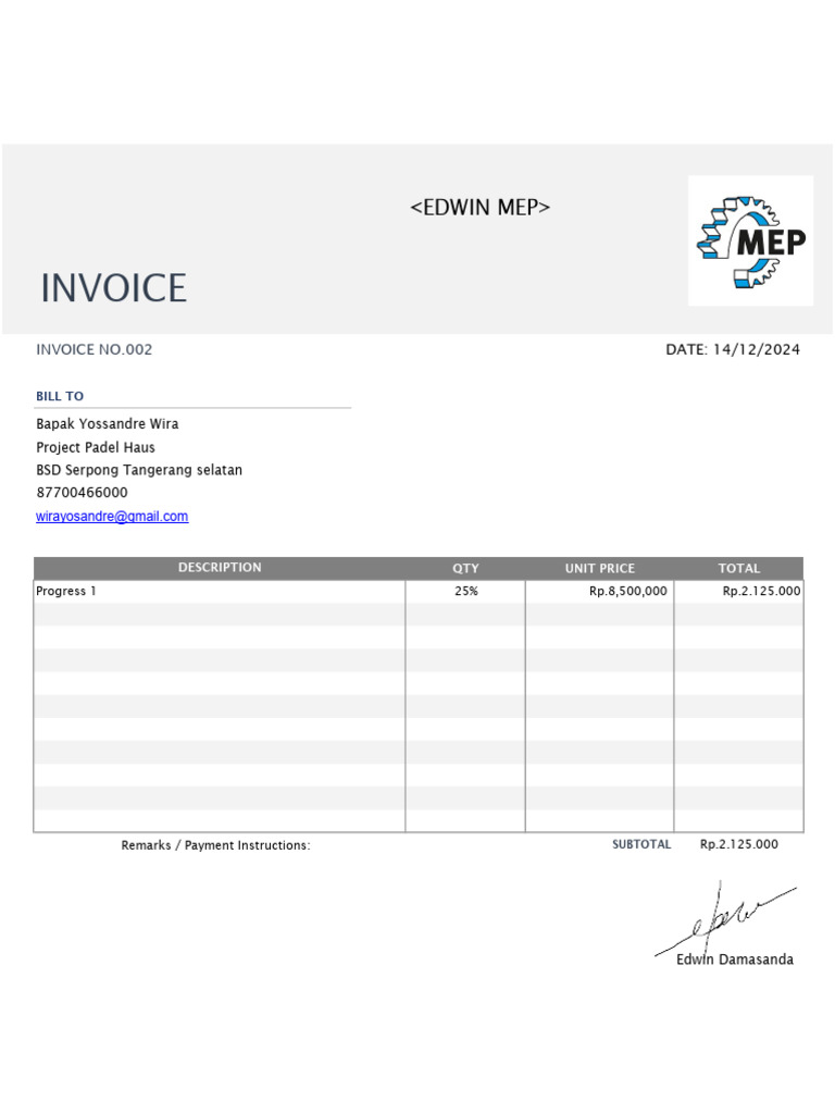 Invoice 002 for Project Padel Haus | PDF