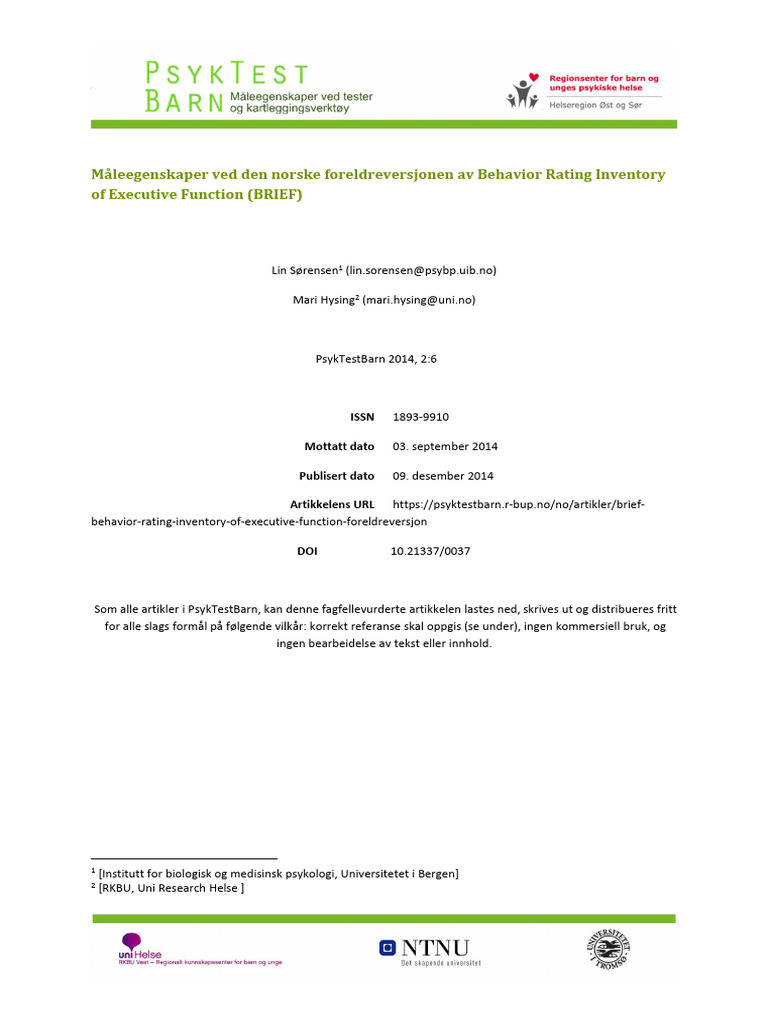 Behavior Rating Inventory of Executive Function | PDF