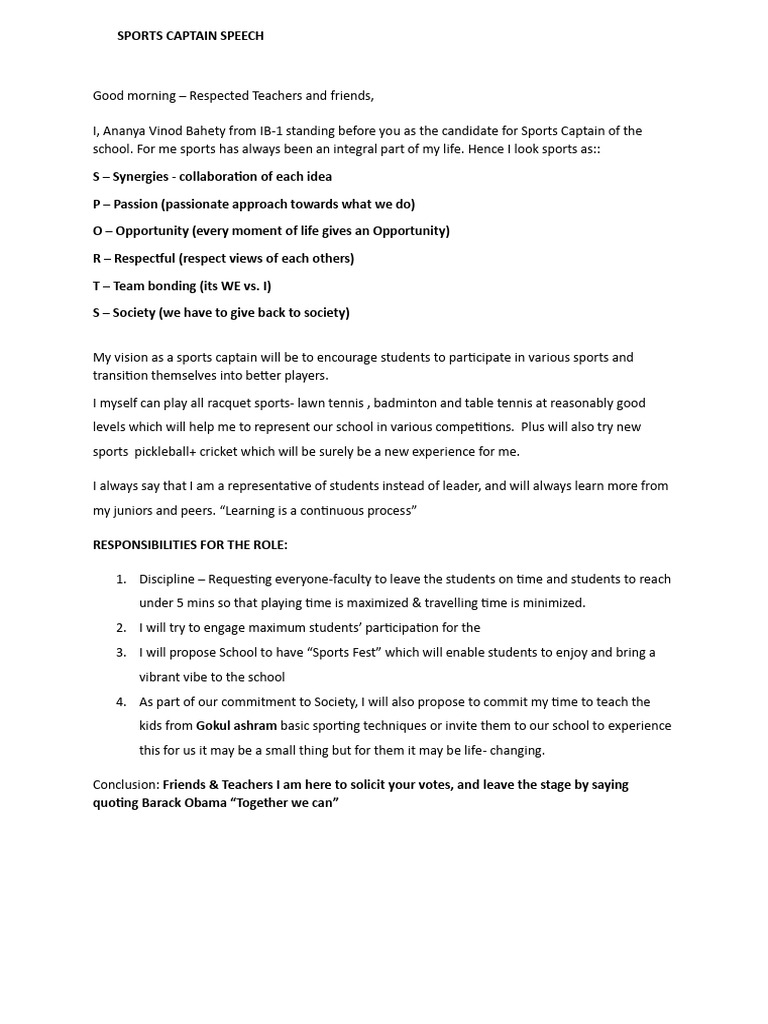 Sports Captain Speech by Ananya Bahety | PDF