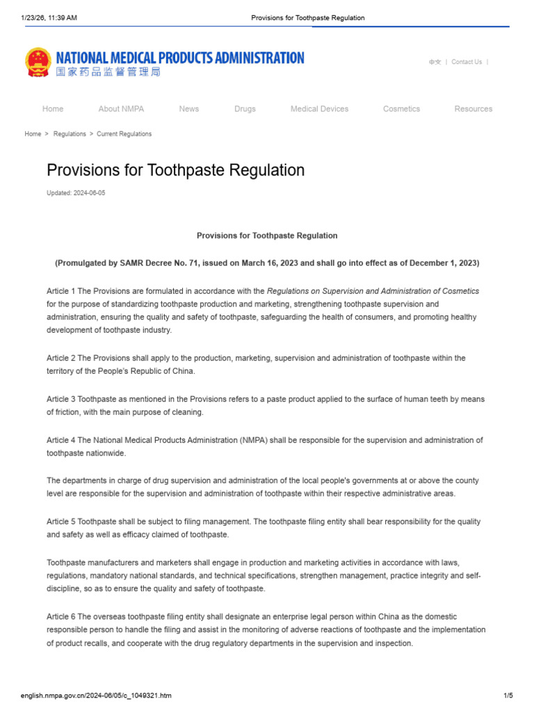 Toothpaste Regulation Provisions in China | PDF