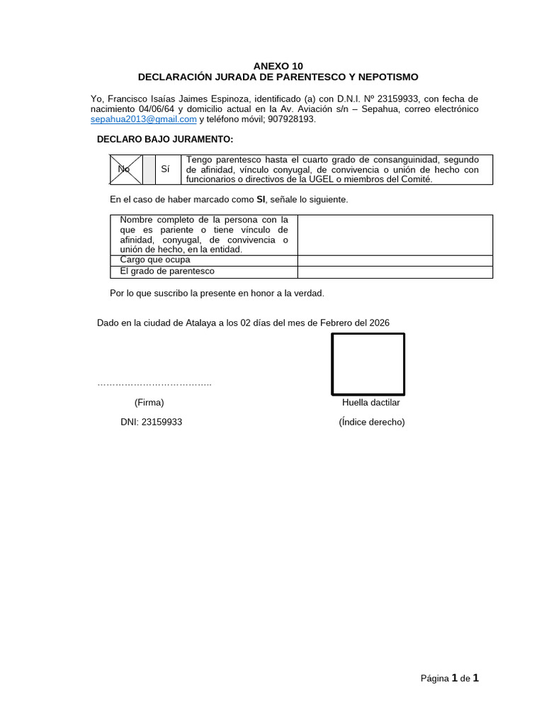 Declaración Jurada de Parentesco y Nepotismo | PDF