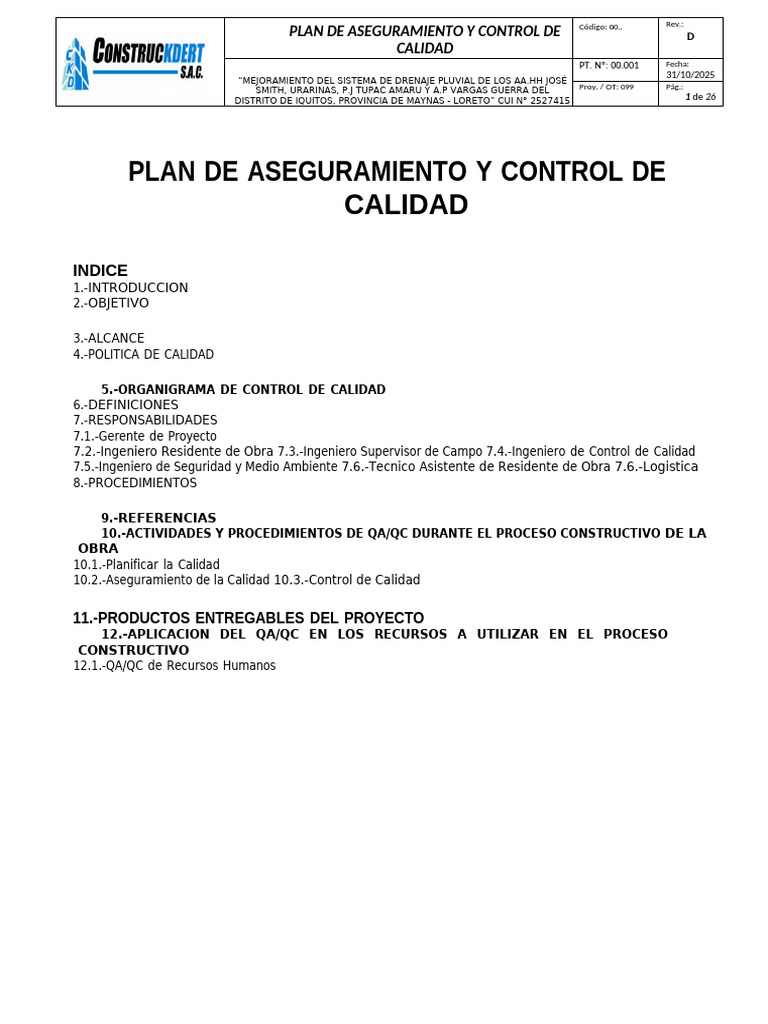 Plan de Calidad para Drenaje Pluvial Iquitos | PDF | Seguridad y salud ...