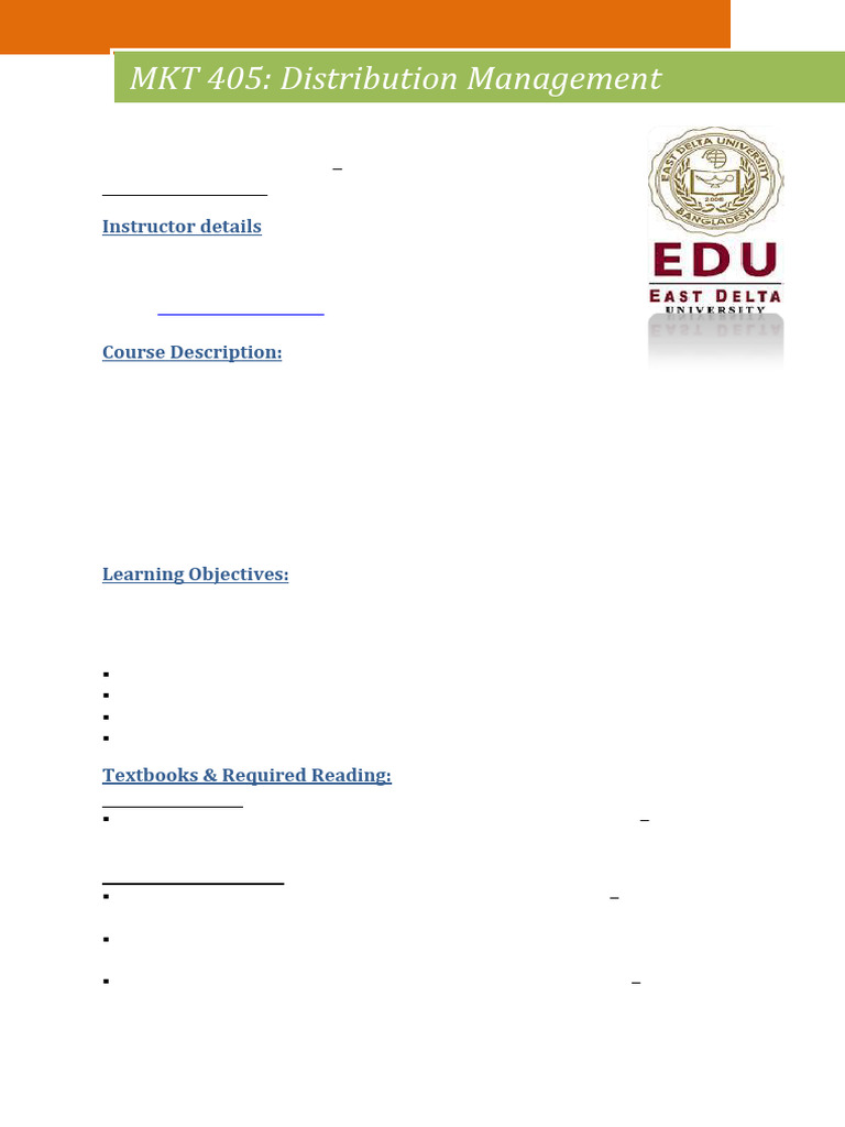 Course Outline - Mkt405 Distribution Management | PDF | Retail | Marketing