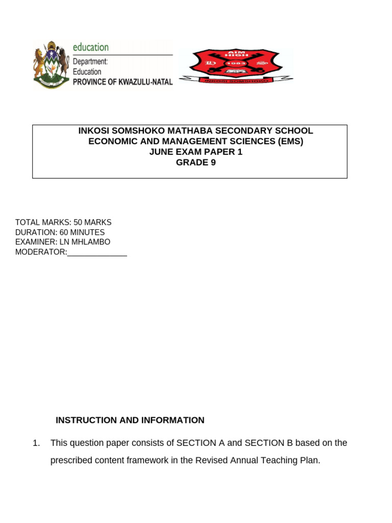 Grade 9 EMS June Exam Paper 1 | PDF | Debits And Credits | Business