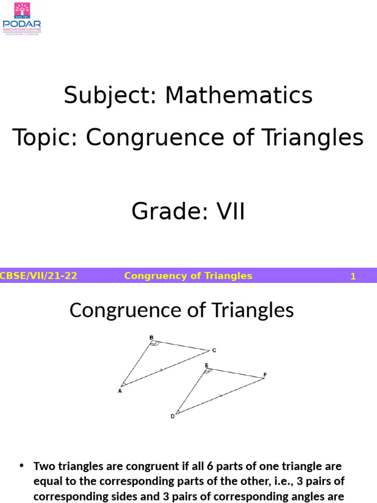 PPT4_CBSE_Math_VII_Congruence of Triangles | PDF | Triangle | Euclidean ...