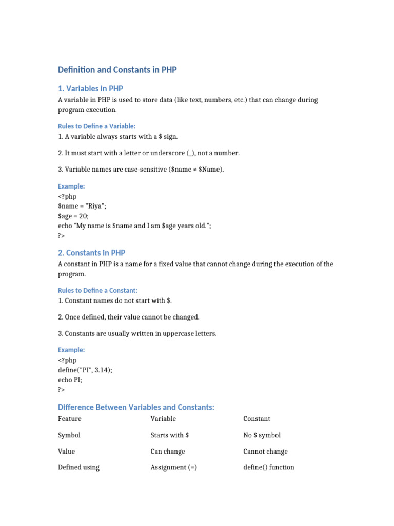 PHP Variables and Constants Explained | PDF