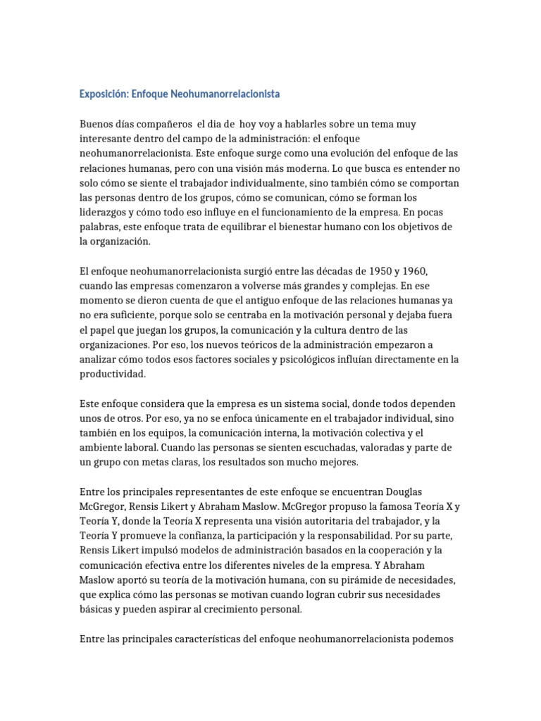 Enfoque Neohumanorrelacionista en Empresas | PDF | Liderazgo | Motivación