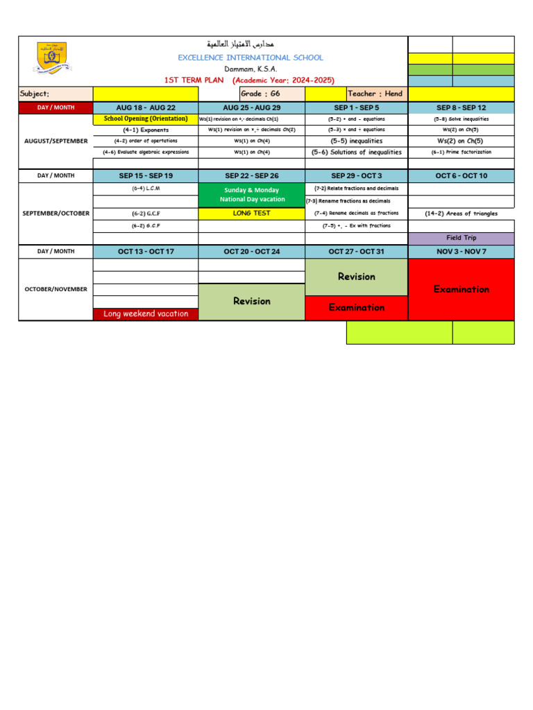 G6 1st Term Academic Plan 2024-2025 | PDF | Area | Arithmetic